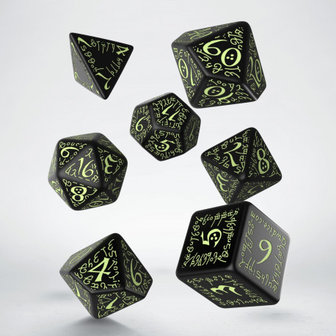 Elvish RPG Dice Set Black &amp; Glow-in-the-dark (7 stuks)