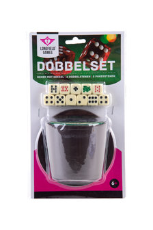 Dobbelset (Beker met deksel, 6 Dobbelstenen, 5 Pokerstenen)