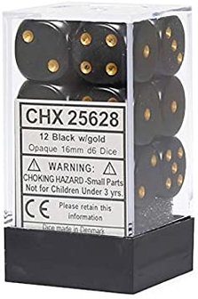 Dobbelstenen D6 (16mm) Opaque Black/Gold