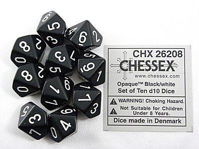 Dobbelstenen D10 Opaque Black/White