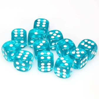 Dobbelstenen D6 (16mm) Translucent Teal/White (12x)