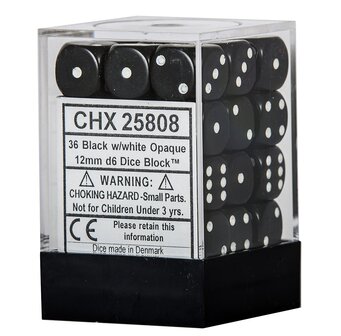 Dobbelstenen Opaque Black/White - D6 - 12mm - 36 stuks