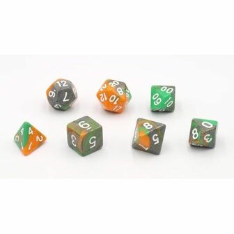 Dobbelstenen Triple Oranje/Groen/Grijs Polydice (7 stuks)