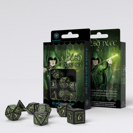 Elvish RPG Dice Set Black & Glow-in-the-dark (7 stuks)