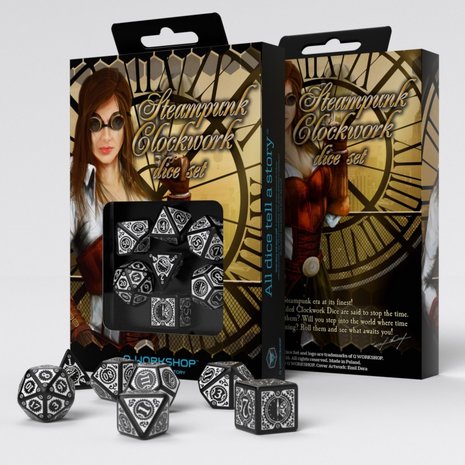 Steampunk Clockwork Dice Set Black & White (7)