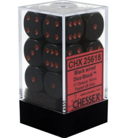 Dobbelstenen D6 (16mm) Opaque Black/Red