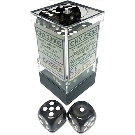 Dobbelstenen D6 (16mm) Translucent Smoke/White (12x)
