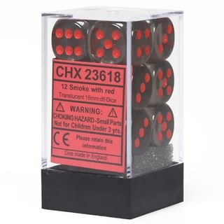 Dobbelstenen D6 (16mm) Translucent Smoke/Red (12x)