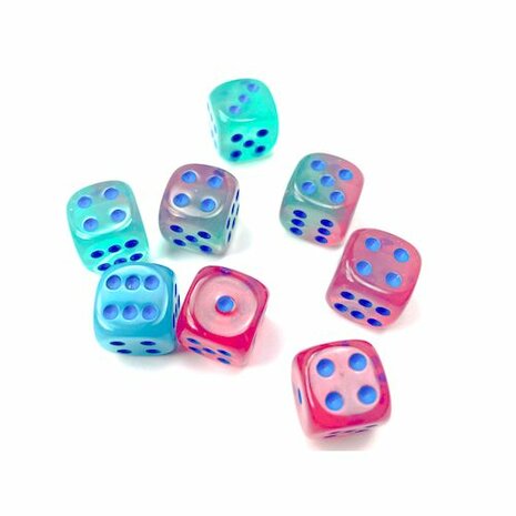Dobbelstenen D6 (12mm) Gel Luminary Gemini Groen-Roze/Blauw (36x)