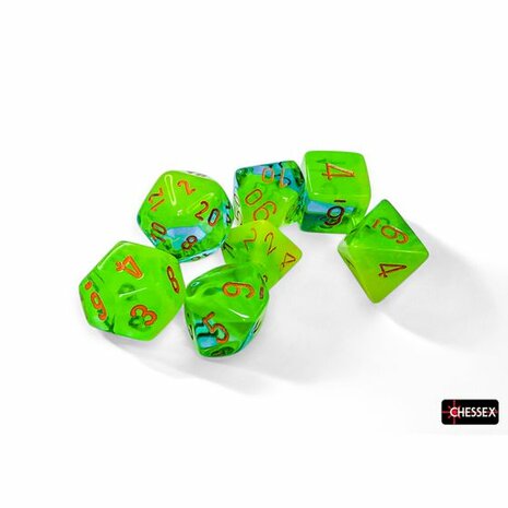 Dobbelstenen - Gemini Luminary Plasma Teal/Orange (7x) - Polydice - Chessex