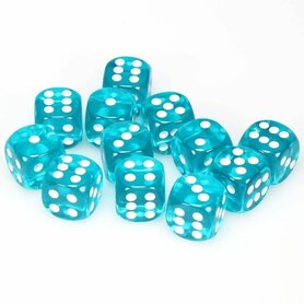 Dobbelstenen D6 (16mm) Translucent Teal/White (12x)