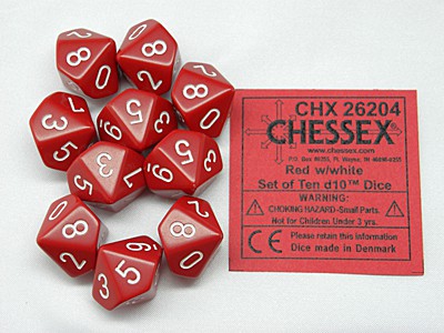 Afbeelding van het spelletje Dobbelstenen D10 Opaque Red/White